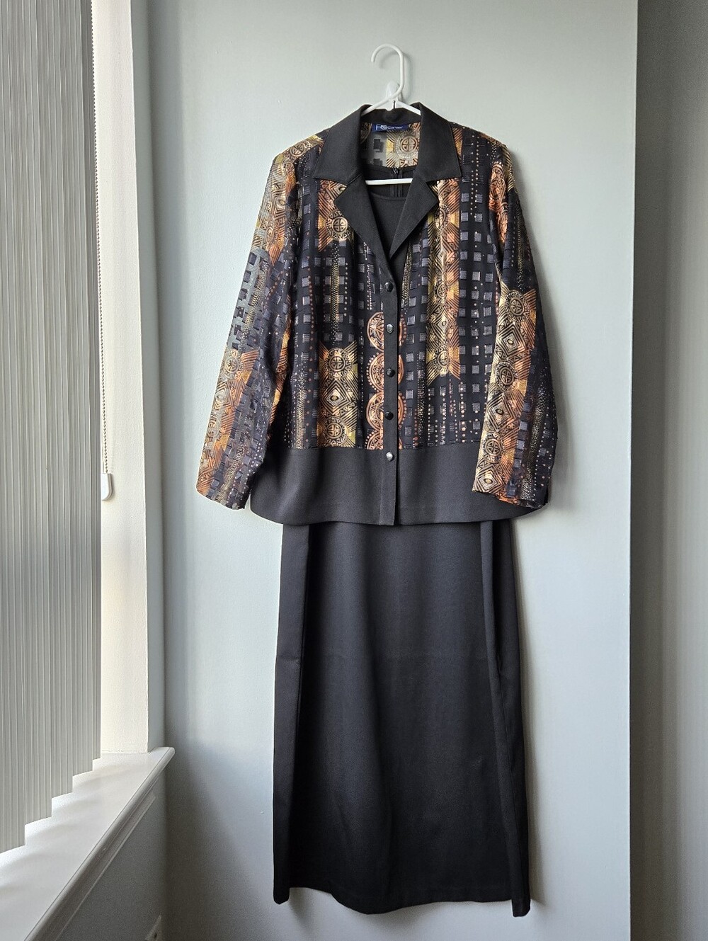 90s PC Career XL/14 Womens Black Dress Suit Metallic Bronze Pattern Party Jacket